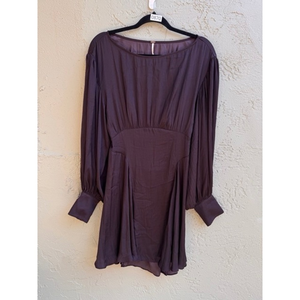 Free People NEW Eggplant Long Sleeve Silky Button Mini Dress MEDIUM Boho Party